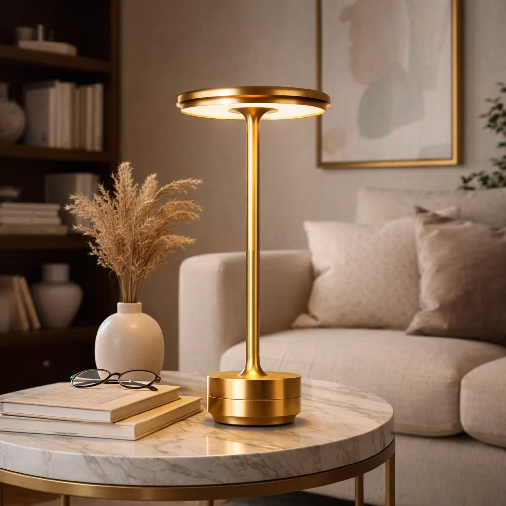 The gold lamp glowing on a marble table in a living room