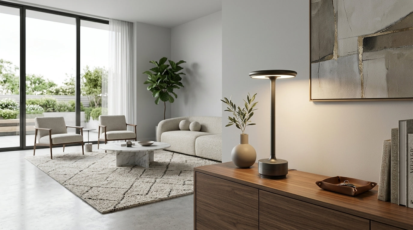 The lamp on a walnut sideboard in a modern living room