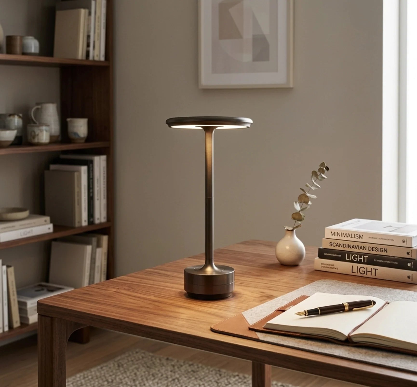 The lamp lit on a walnut desk beside books and a notebook